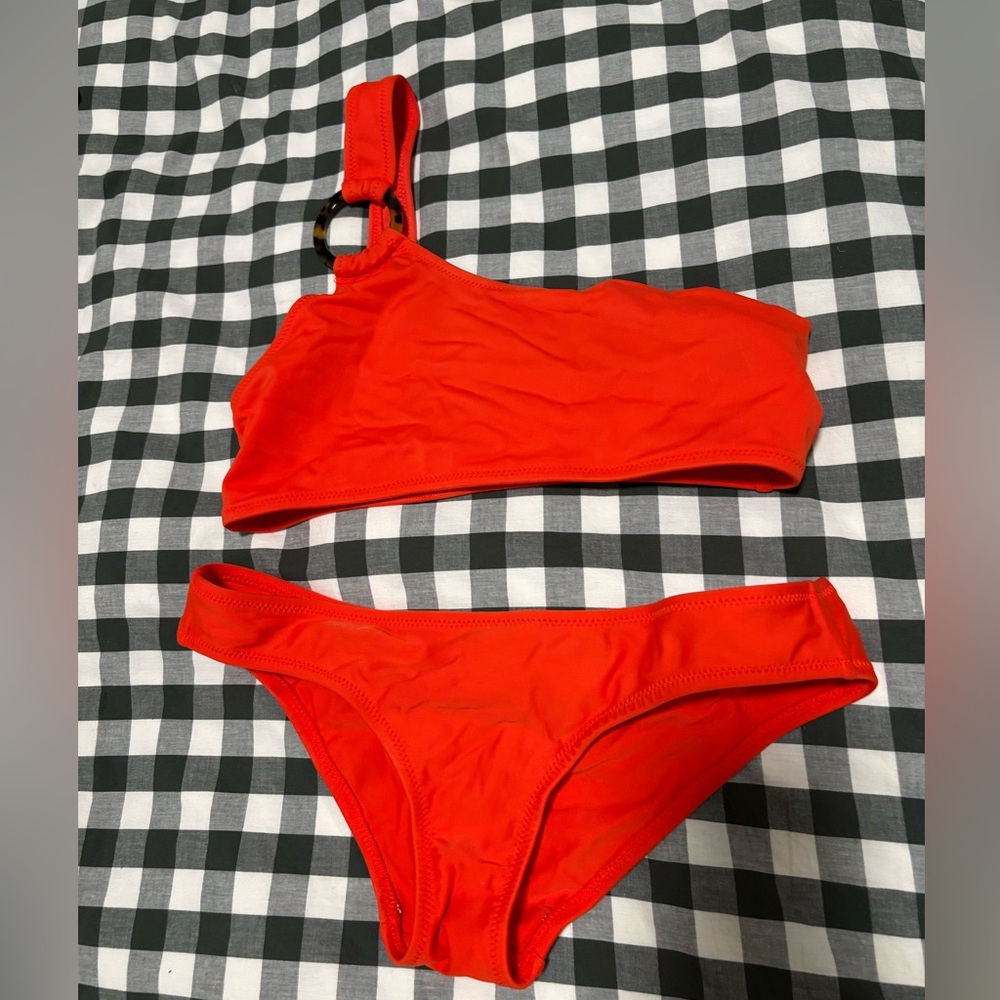 Solid & Striped One-Shoulder Orange-Red Bikini Top with Ring Detail